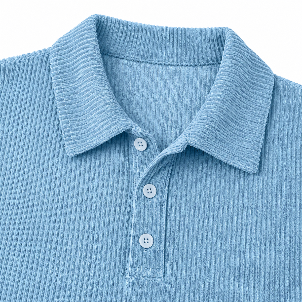 Bradley Ribbed Long-Sleeve Knit Polo - Light Blue, collar, placket and rib knit close-up