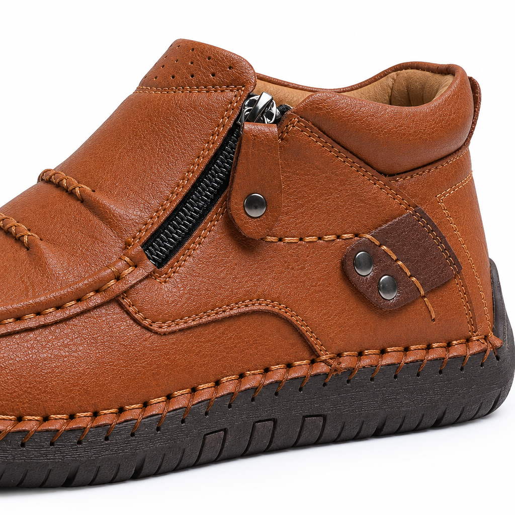 Brooks Leather Side-Zip Moc-Toe Boots - Light Brown, leather, zip and rivet close-up