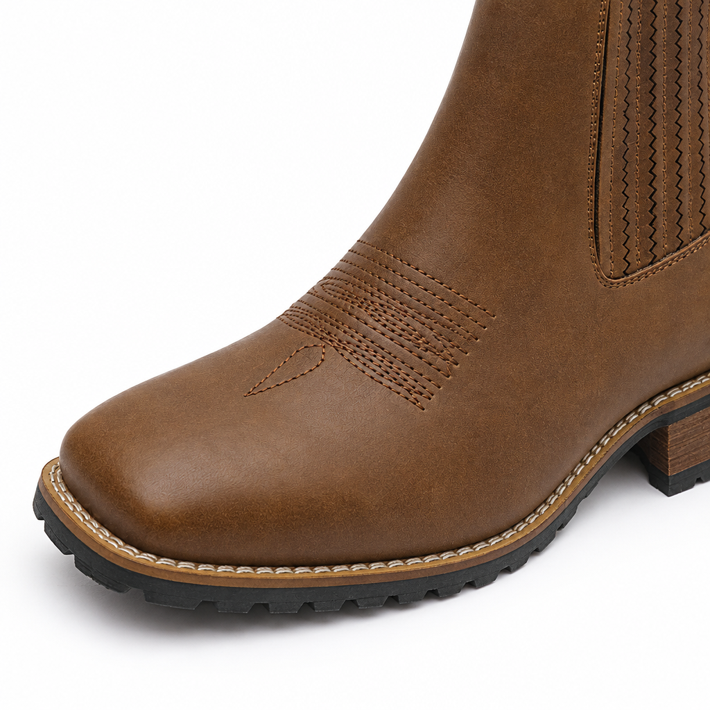 Wade Square-Toe Western Chelsea Boots - Light Brown, square toe and western stitching close-up