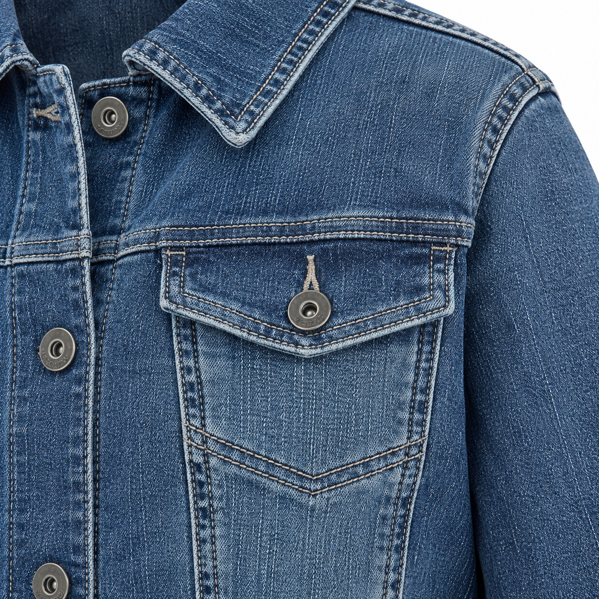 Delphine Cropped Denim Jacket - Medium Blue, chest pocket and denim close-up