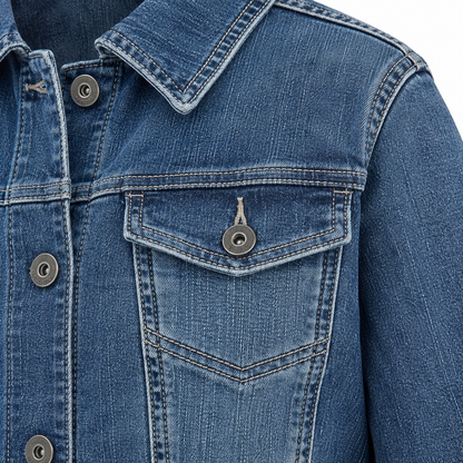 Delphine Cropped Denim Jacket - Medium Blue, chest pocket and denim close-up