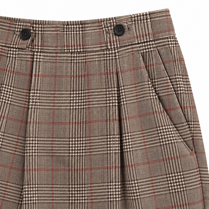 Kristen Glen-Plaid Straight-Leg Trousers - Mocha, waistband and pleat close-up