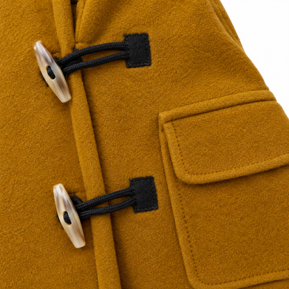 Hudson Hooded Toggle Duffle Coat - Mustard, toggle and pocket close-up
