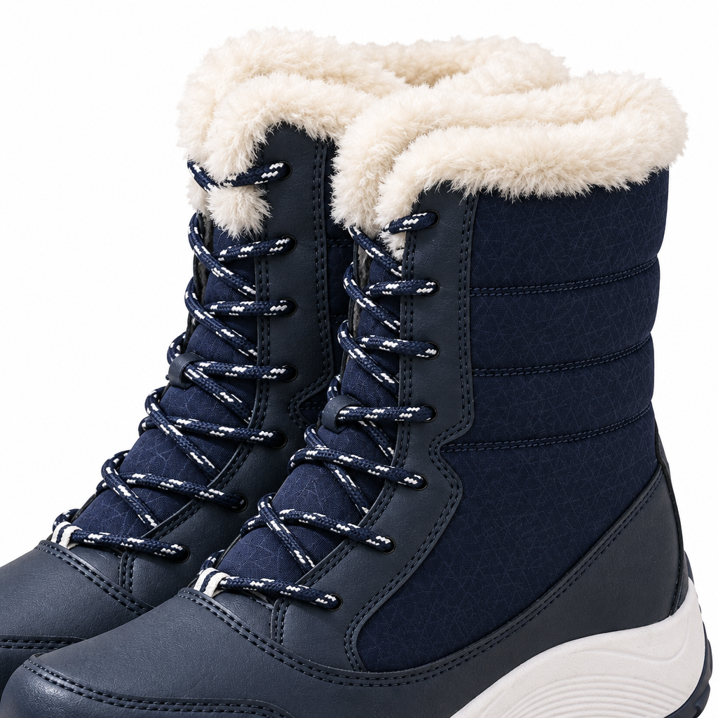 Holly Faux-Fur Lined Snow Boots - Navy Blue, faux-fur collar, laces and quilted shaft close-up