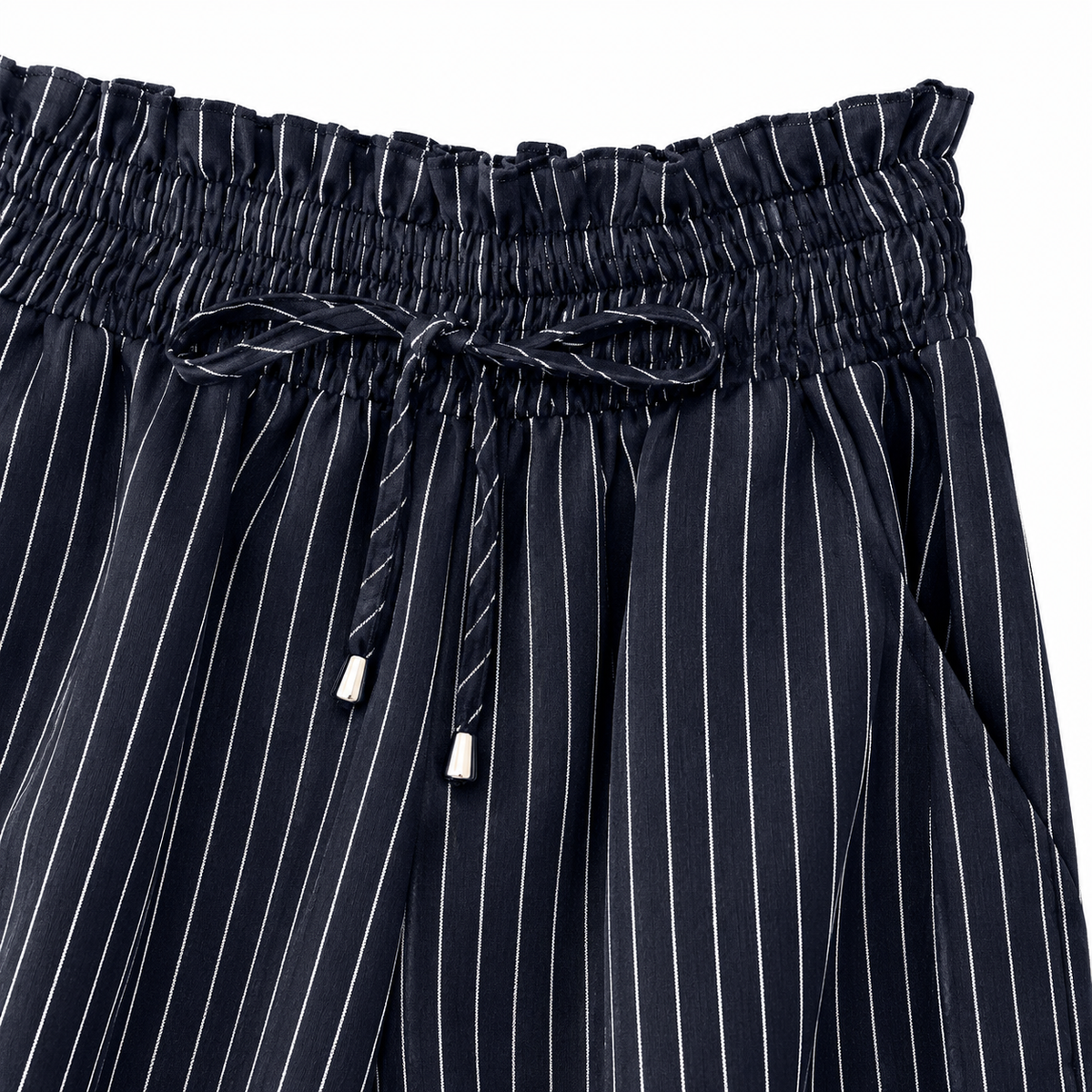 Paige Pinstripe Wide-Leg Trousers - Navy, paperbag waist, drawstring and pinstripe close-up