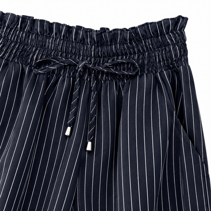 Paige Pinstripe Wide-Leg Trousers - Navy, paperbag waist, drawstring and pinstripe close-up