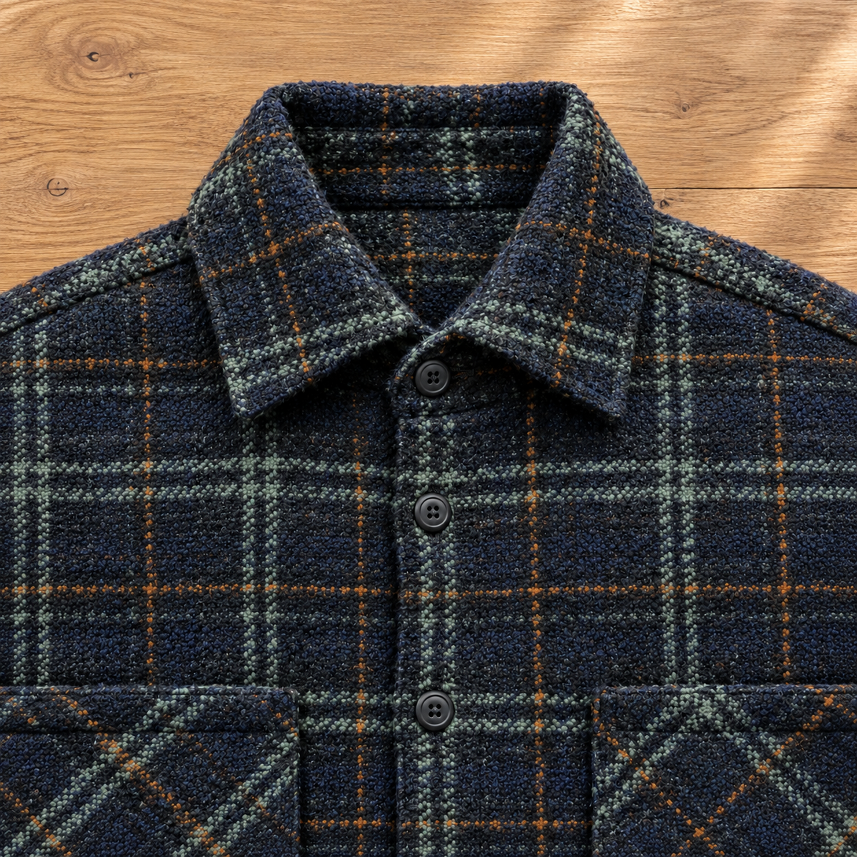 Hayes Textured Plaid Overshirt - Navy Plaid, collar, placket and textured plaid close-up