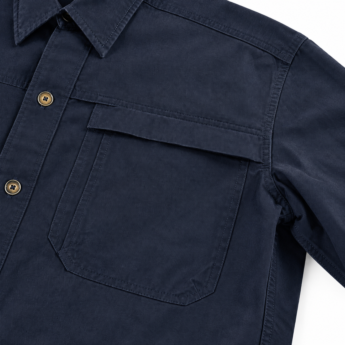 Grant Cotton Shirt Jacket - Navy, chest pocket and cotton twill close-up