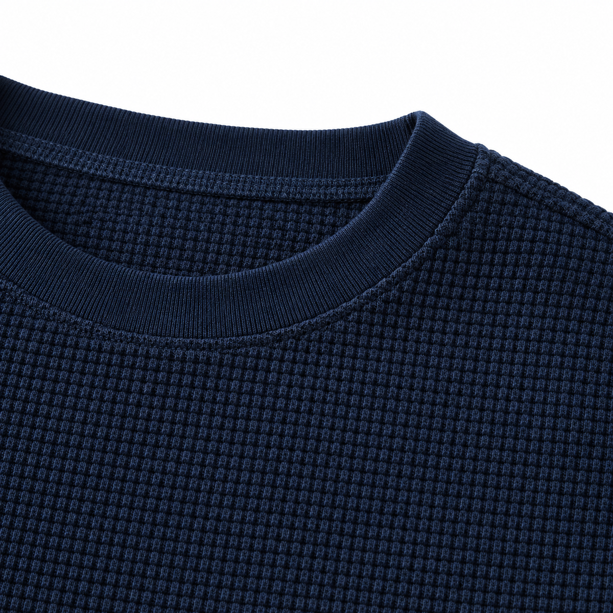 Harvey Heavyweight Waffle Tee - Navy, crew neck and waffle knit close-up