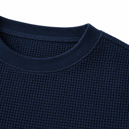 Harvey Heavyweight Waffle Tee - Navy, crew neck and waffle knit close-up