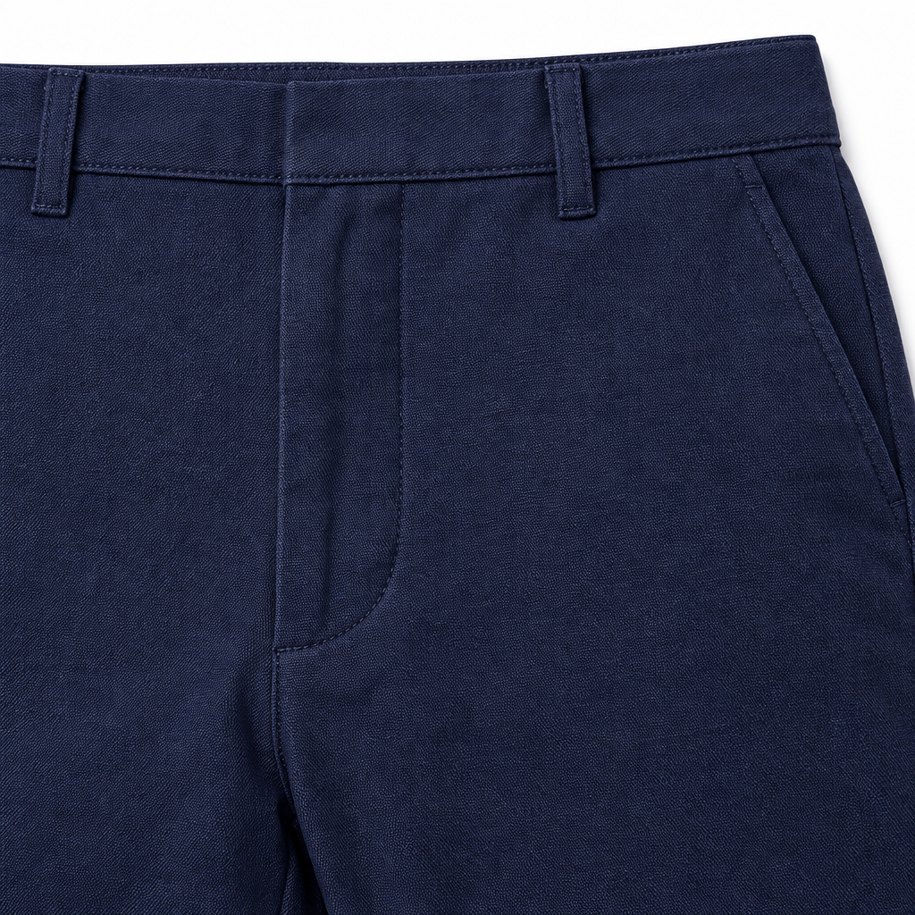 Connor Four-Way Stretch Trousers - Navy, waistband and fabric close-up