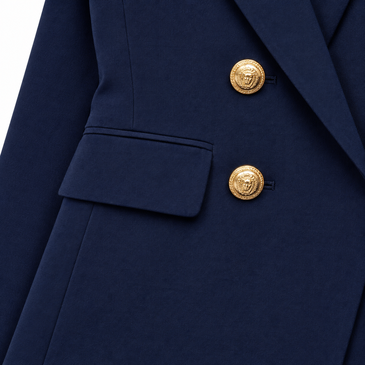 Victoria Gold-Button Double-Breasted Blazer - Navy Blue, flap pocket and gold button close-up
