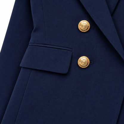 Victoria Gold-Button Double-Breasted Blazer - Navy Blue, flap pocket and gold button close-up