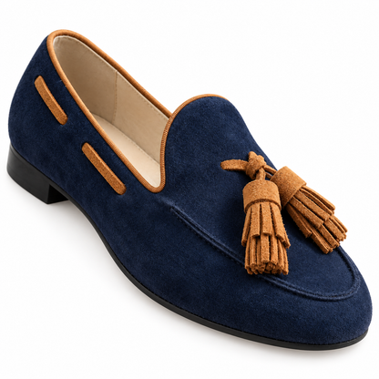 Julia Piped Suede Tassel Loafers - Navy, tassels and suede close-up