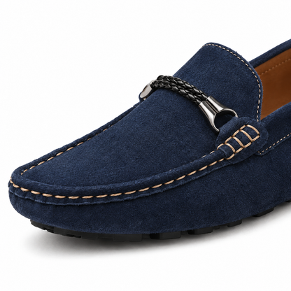 Ryan Braided-Bit Suede Driving Loafers - Navy, braided bit and hand-stitched moc toe close-up