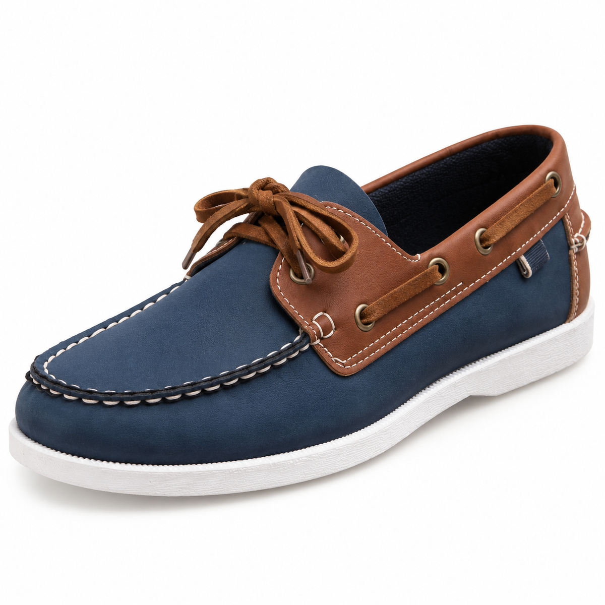 Sawyer Two-Tone Leather Boat Shoes - Navy, leather, moccasin stitching and eyelet lacing close-up