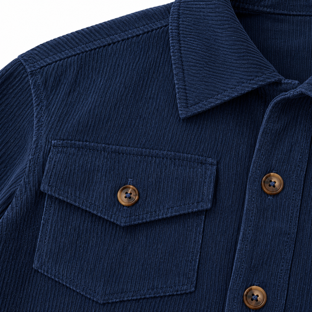 Abby Cropped Corduroy Jacket - Navy, flap pocket and button close-up