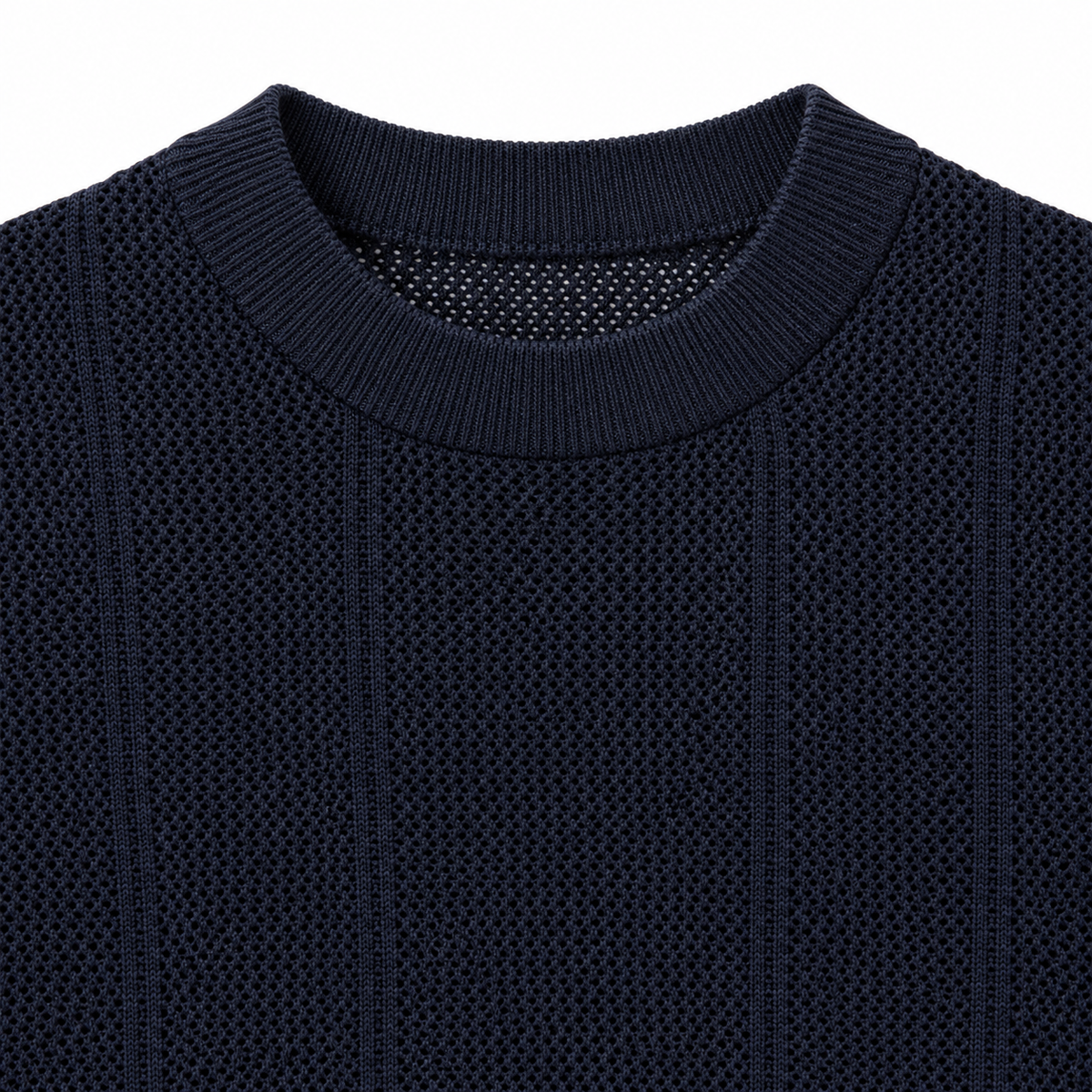 Elliot Open-Knit Crew Tee - Navy, crew neck and open knit close-up