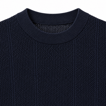 Elliot Open-Knit Crew Tee - Navy, crew neck and open knit close-up