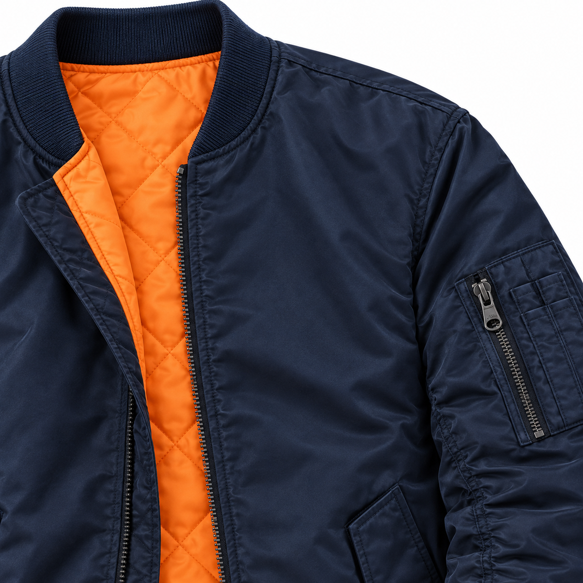 Reid Quilt-Lined Bomber Jacket - Navy, sleeve pocket, collar and quilted lining close-up