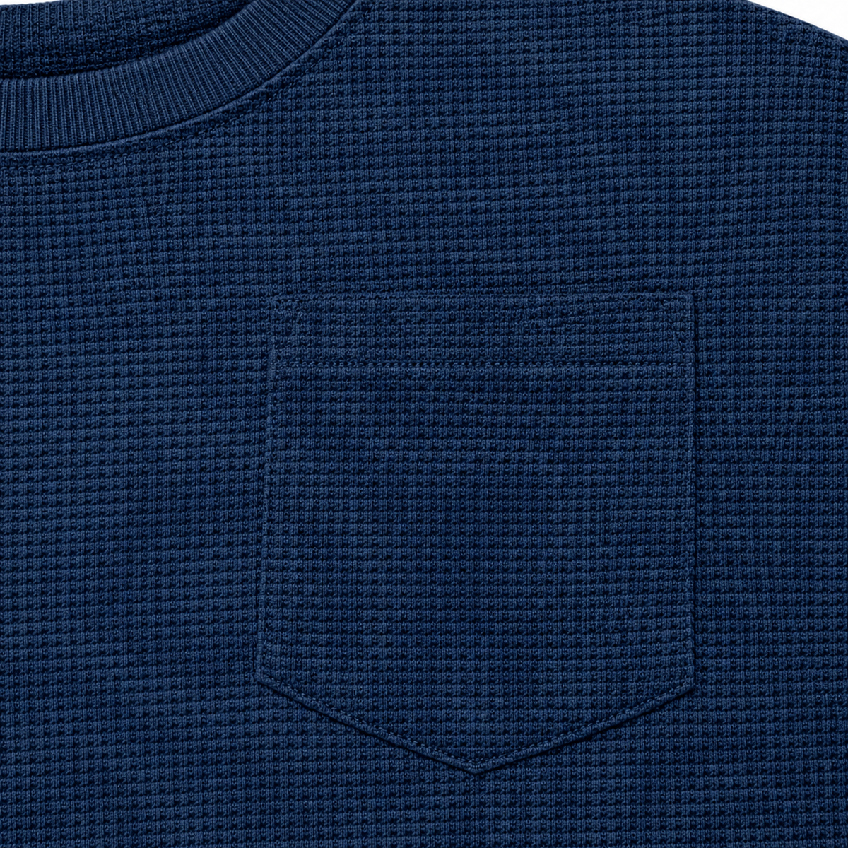 Owen Waffle Pocket Long-Sleeve Tee - Navy, chest pocket and waffle knit close-up