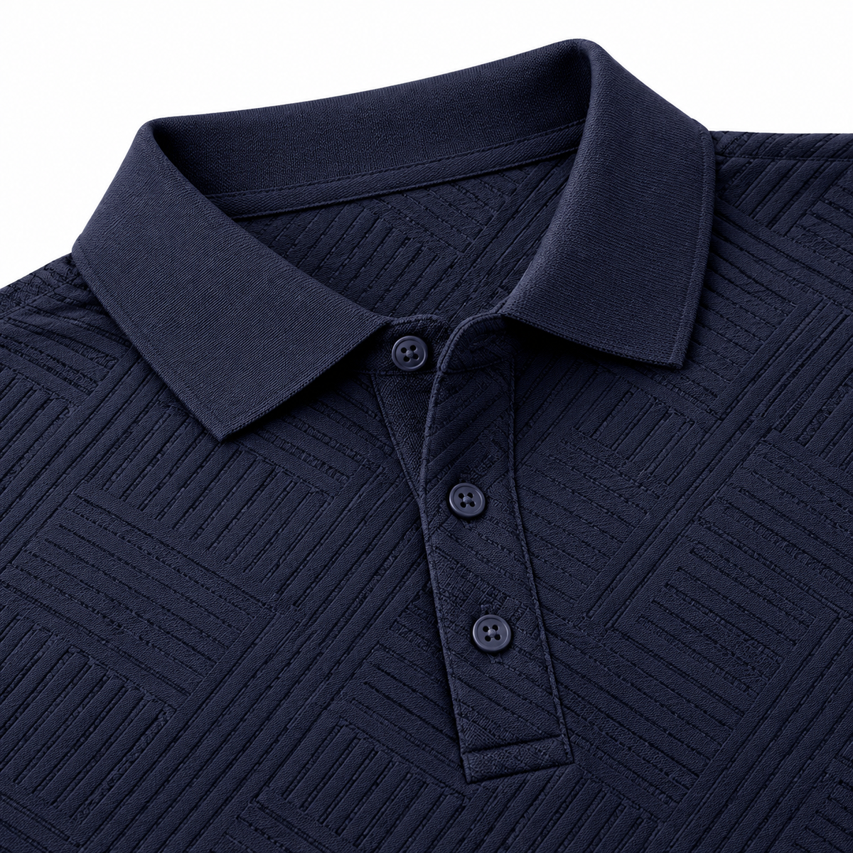 Edward Lattice Jacquard Long-Sleeve Polo - Navy, collar and placket close-up