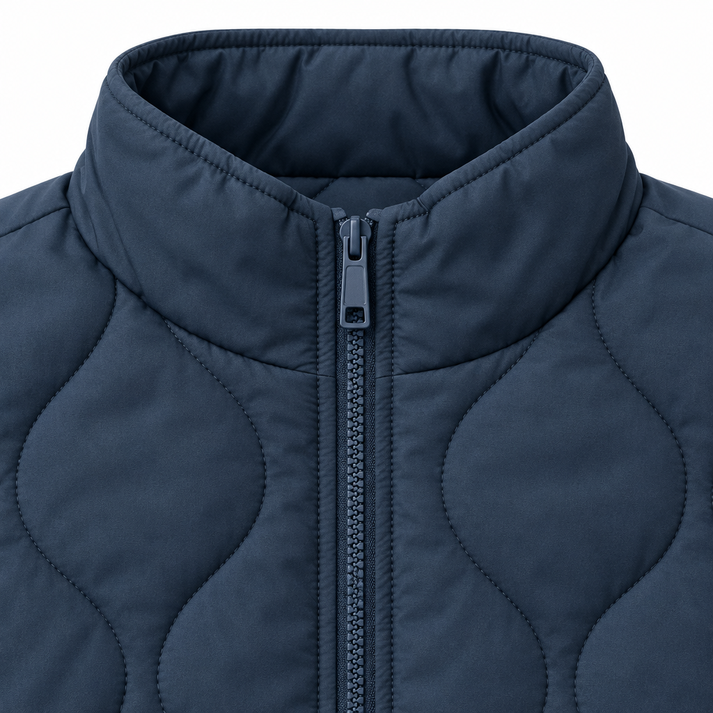 Megan Wave-Quilted Zip Vest - Navy, stand collar and quilting close-up