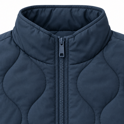 Megan Wave-Quilted Zip Vest - Navy, stand collar and quilting close-up