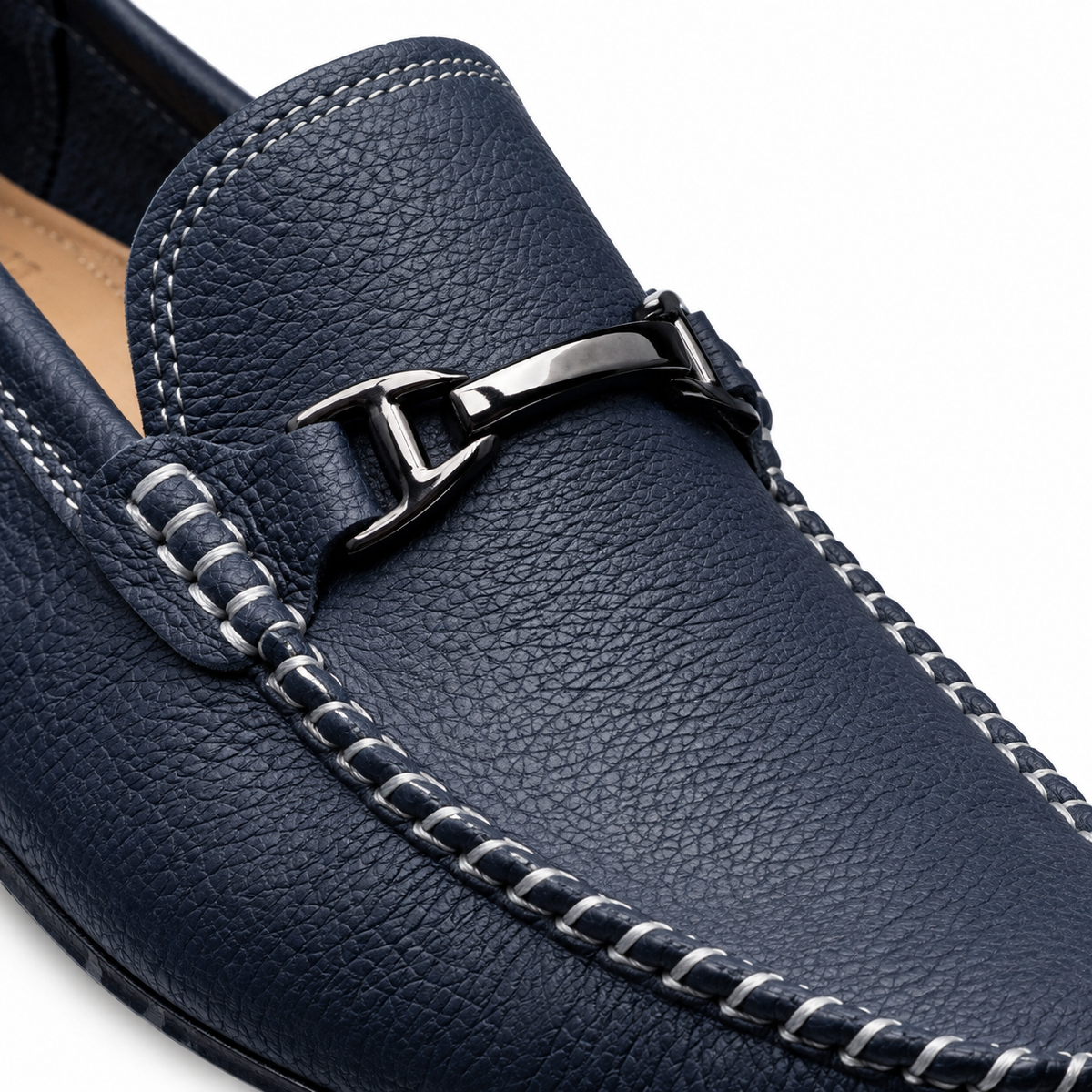 Logan Leather Bit Driving Loafers - Navy, metal bit and moc-toe stitching close-up