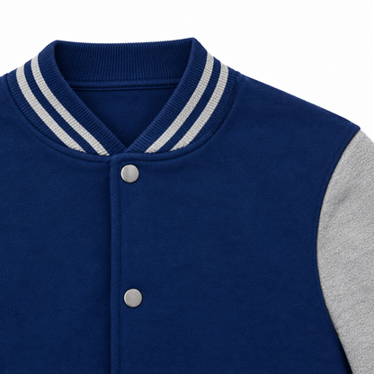 Tanner Snap-Front Varsity Jacket - Navy, striped collar and snap placket close-up