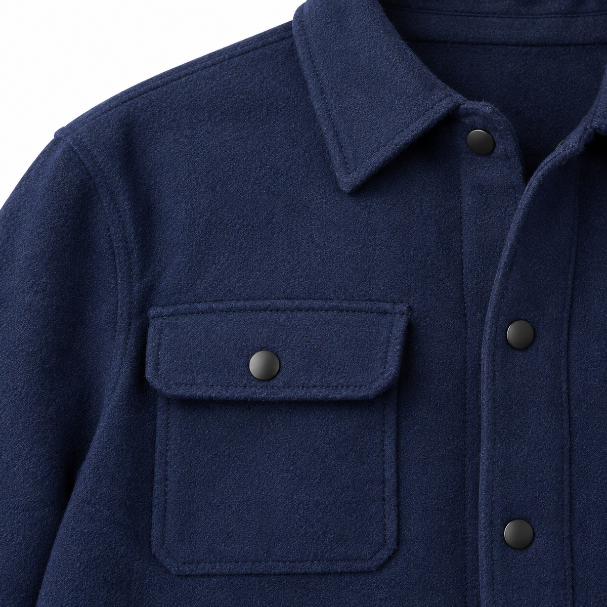 Garrett Brushed Snap-Front Shirt Jacket - Navy, chest pocket and collar close-up