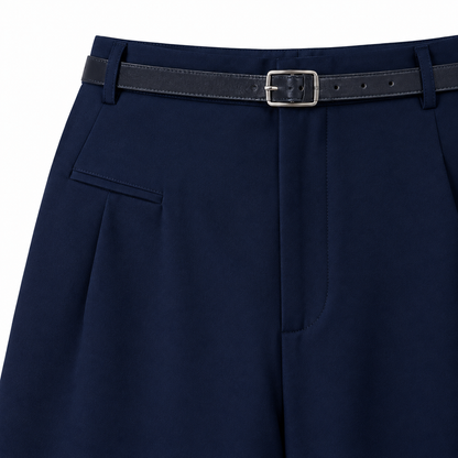 Lauren Belted Pleated Shorts - Navy, waistband, belt and welt pocket close-up