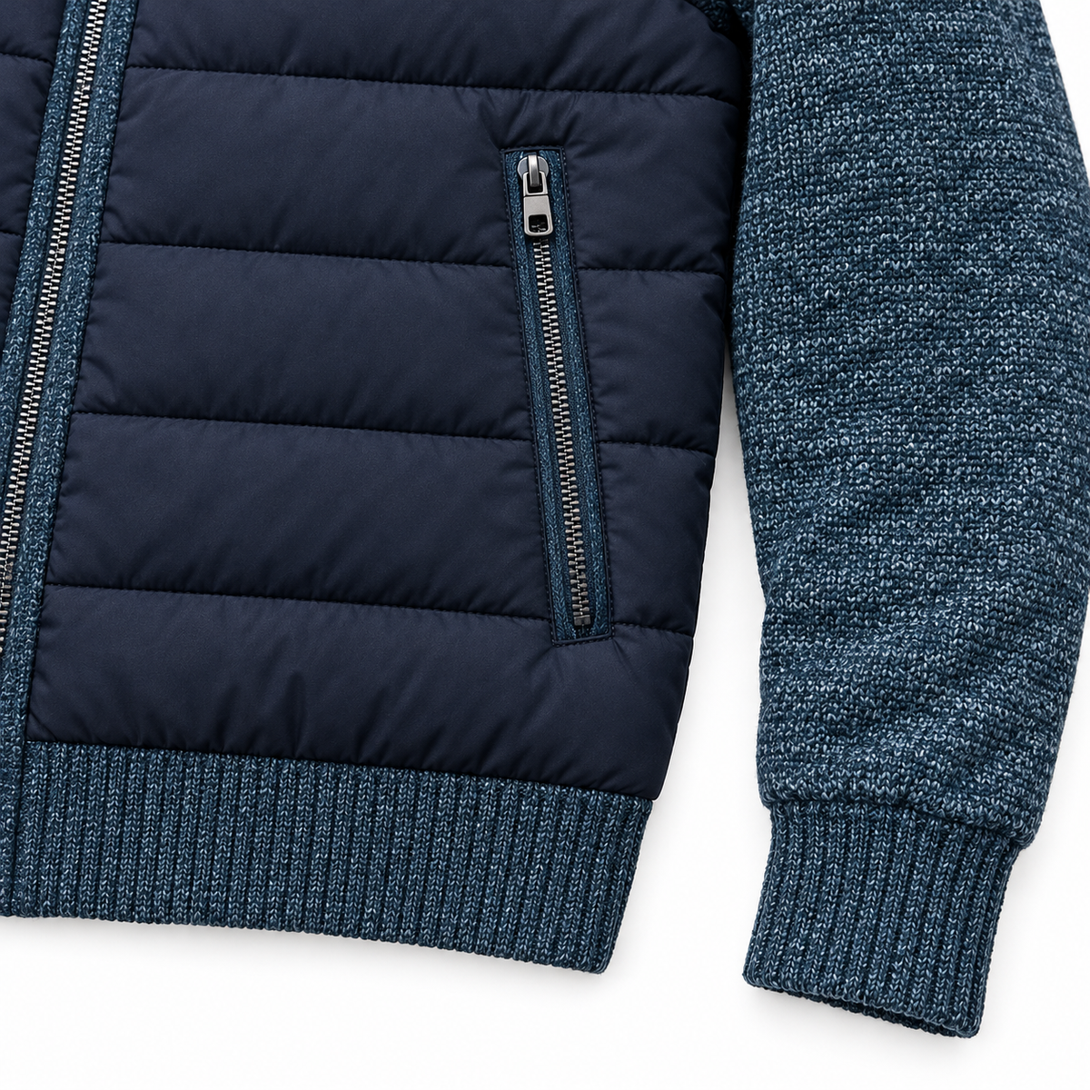 Ryan Knit-Sleeve Quilted Jacket - Navy, quilting, zip pocket and knit close-up