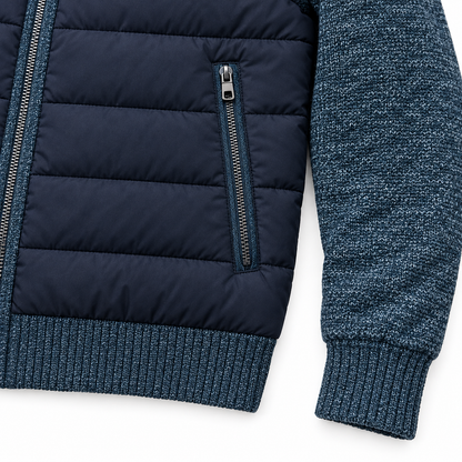 Ryan Knit-Sleeve Quilted Jacket - Navy, quilting, zip pocket and knit close-up