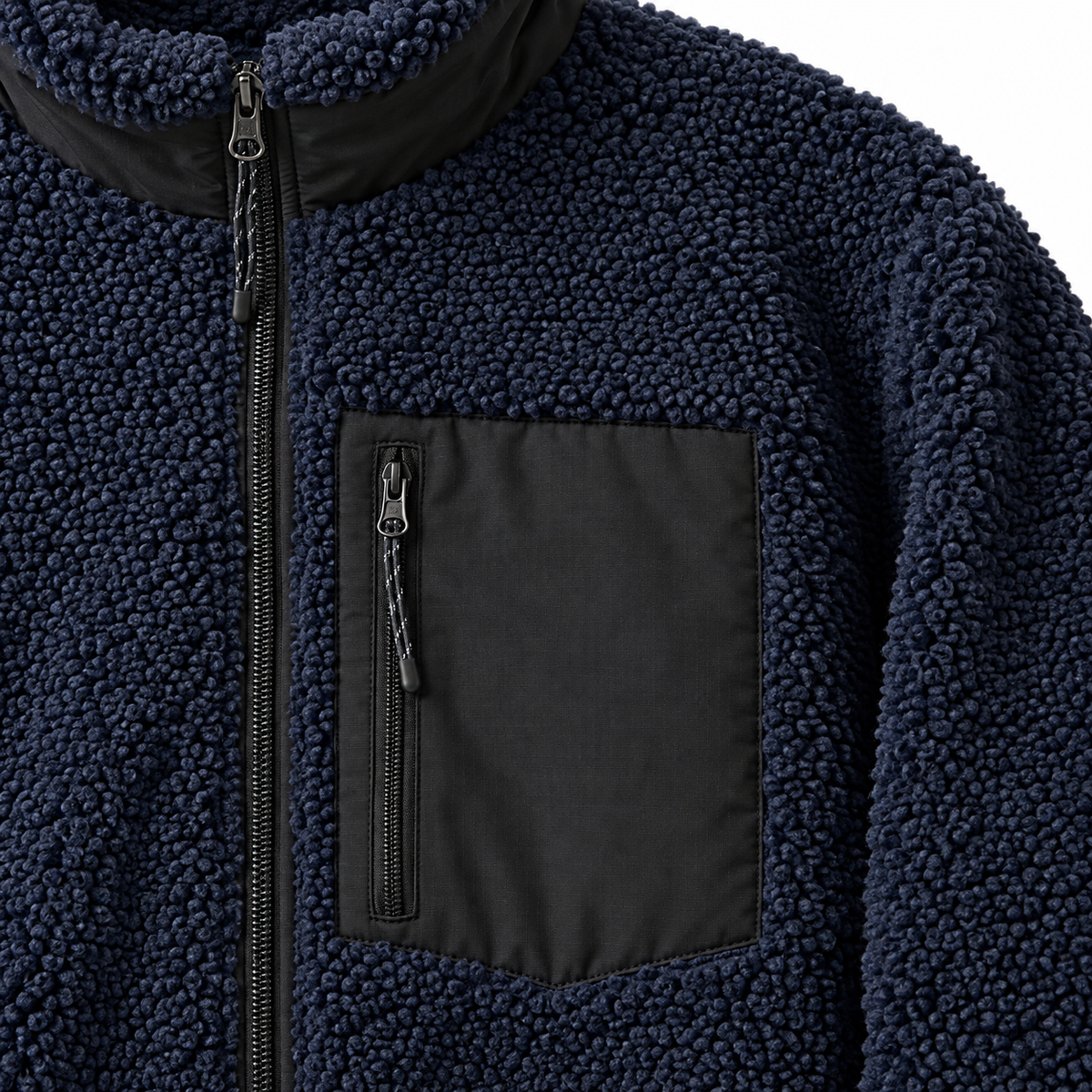 Hannah Sherpa Fleece Zip Jacket - Navy, sherpa and zip chest pocket close-up