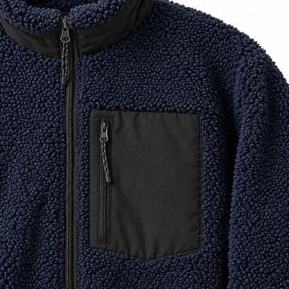 Hannah Sherpa Fleece Zip Jacket - Navy, sherpa and zip chest pocket close-up