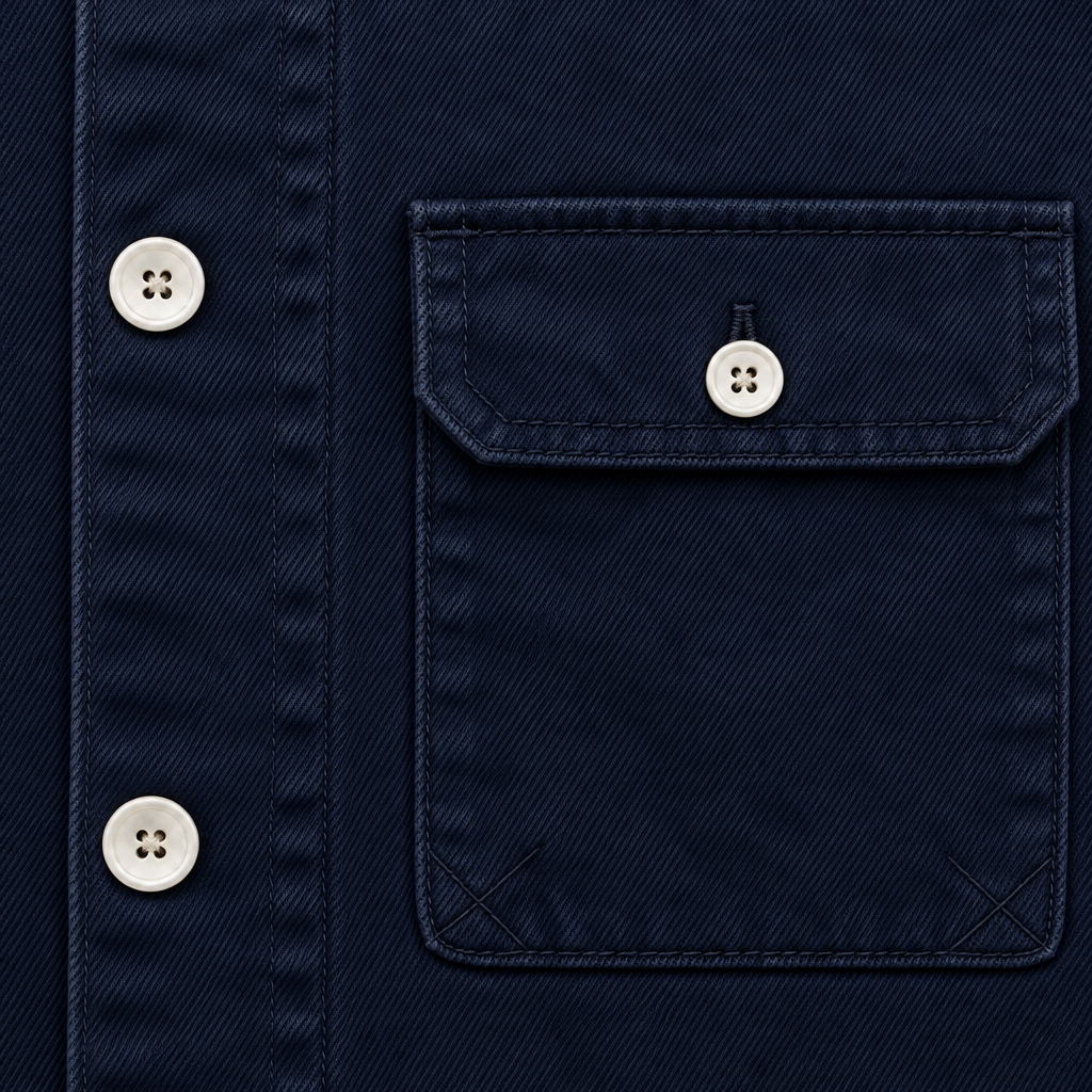 Travis Four-Pocket Chore Jacket - Navy, flap chest pocket and button close-up
