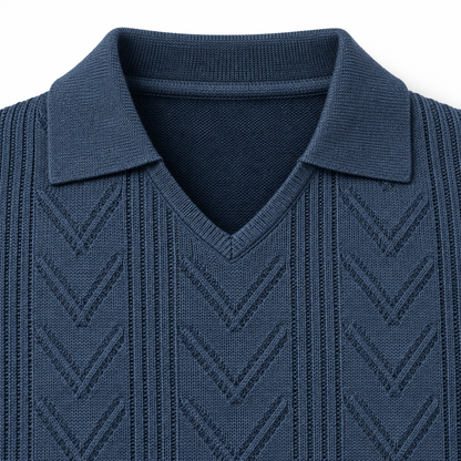 Paul Chevron-Knit Long-Sleeve Polo - Navy, collar and chevron-knit close-up