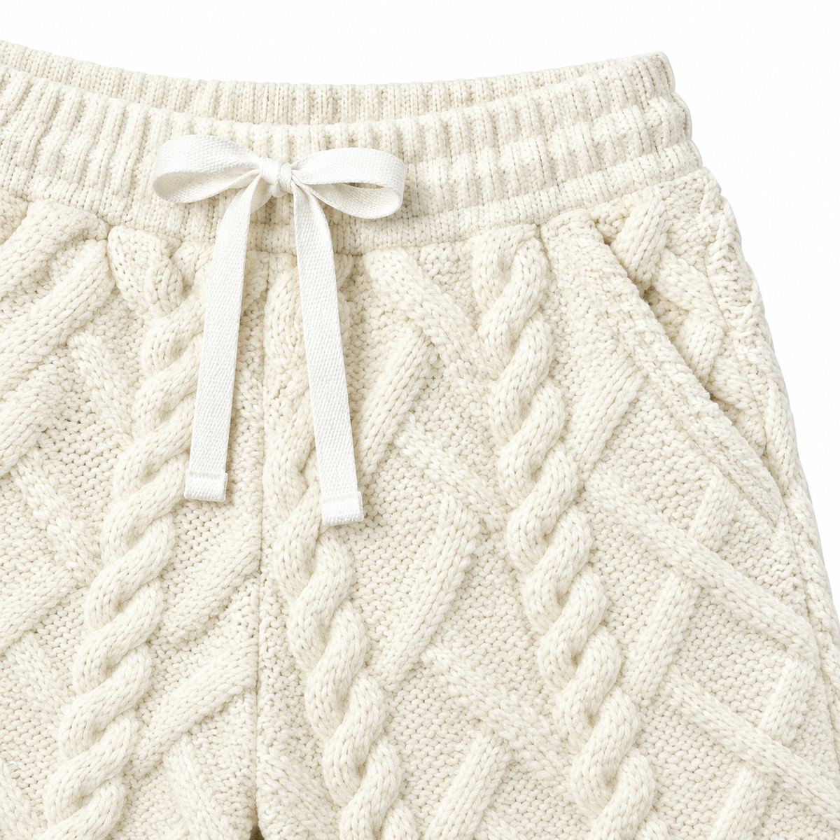 Lucas Cable-Knit Drawstring Sweatpants - Off-White, drawstring waistband, pocket and cable knit close-up