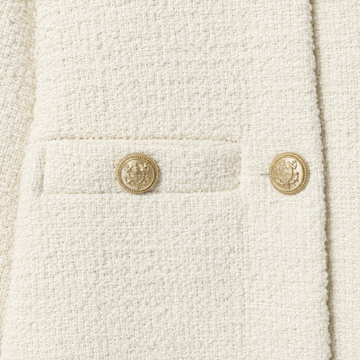 Claire Cropped Tweed Jacket - Off-White, chest pocket and button close-up