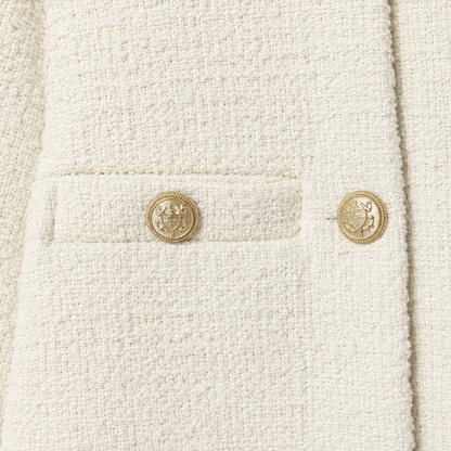 Claire Cropped Tweed Jacket - Off-White, chest pocket and button close-up