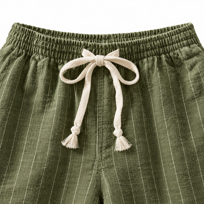 Cooper Pinstripe Cotton-Linen Shorts - Olive, drawstring waistband close-up