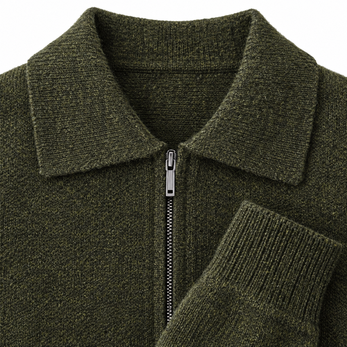 Walter Wool Zip Polo Cardigan - Olive, polo collar, zip and wool knit close-up