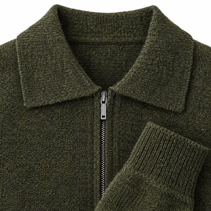 Walter Wool Zip Polo Cardigan - Olive, polo collar, zip and wool knit close-up
