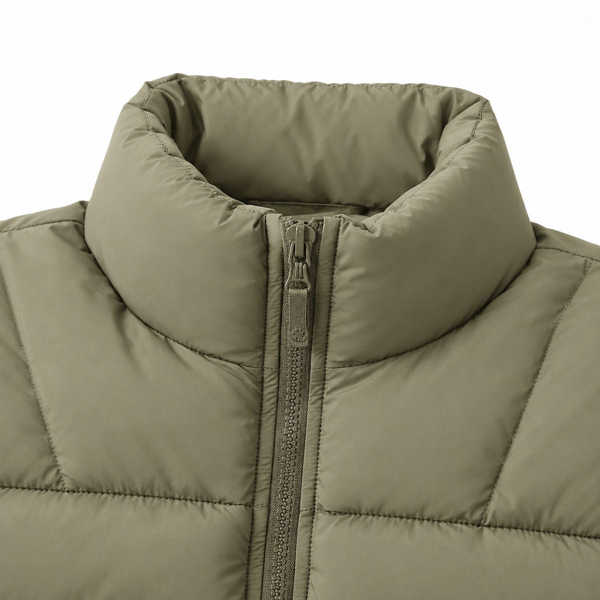 Tyler Stand-Collar Puffer Vest - Olive, stand collar and zip close-up