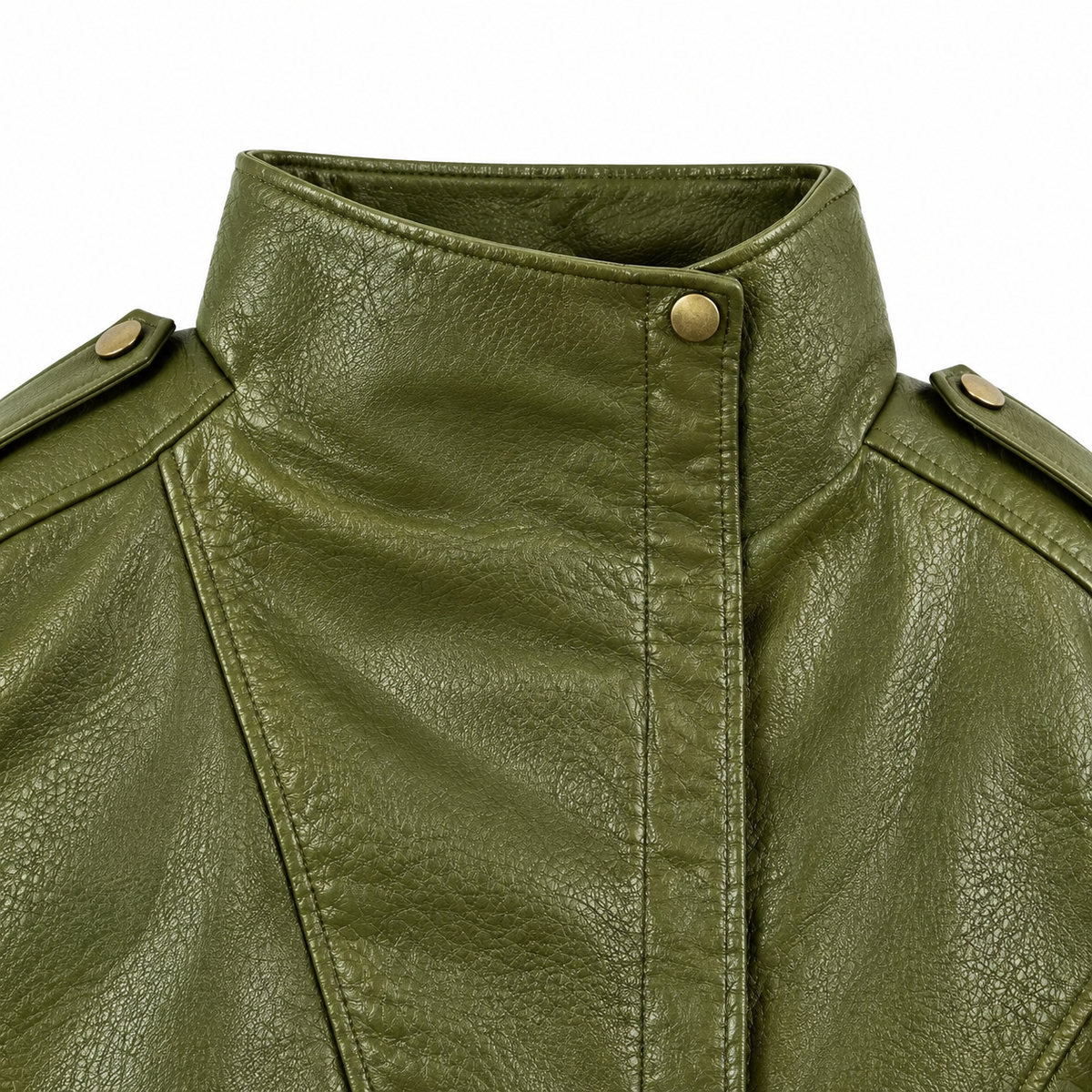 Jenna Faux-Leather Bomber Jacket - Olive, collar and epaulette close-up