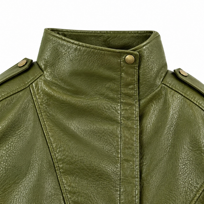Jenna Faux-Leather Bomber Jacket - Olive, collar and epaulette close-up