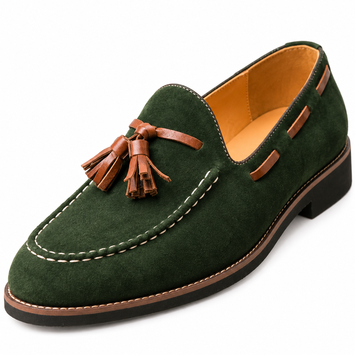 Jack Suede Tassel Loafers - Olive, suede, tassels and moc-toe stitching close-up