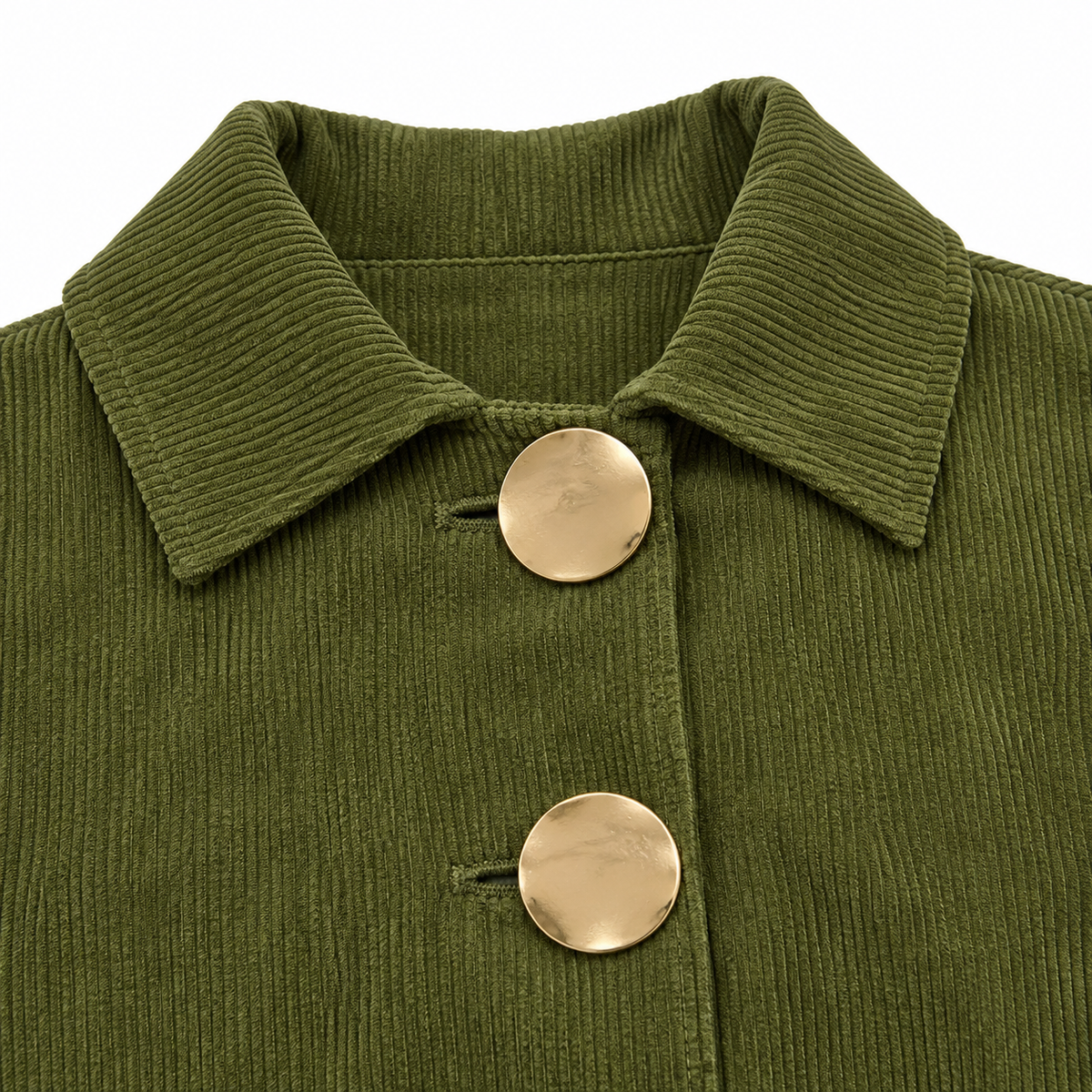 Hailey Big-Button Corduroy Jacket - Olive, collar and gold-tone button close-up