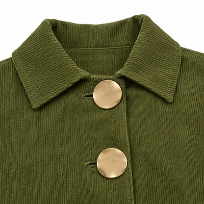Hailey Big-Button Corduroy Jacket - Olive, collar and gold-tone button close-up